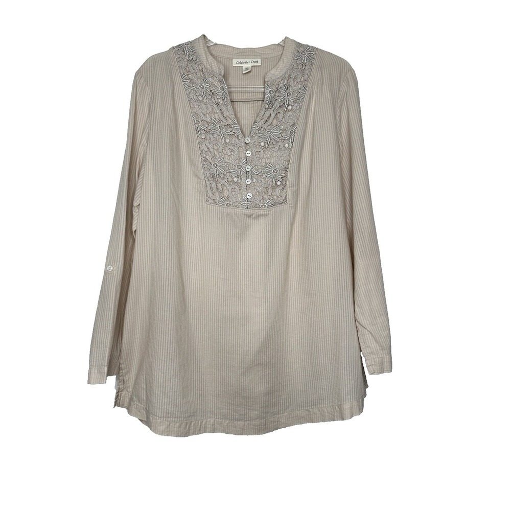 Coldwater Creek Popover Tunic Top 1X Beige Striped‎ Crochet